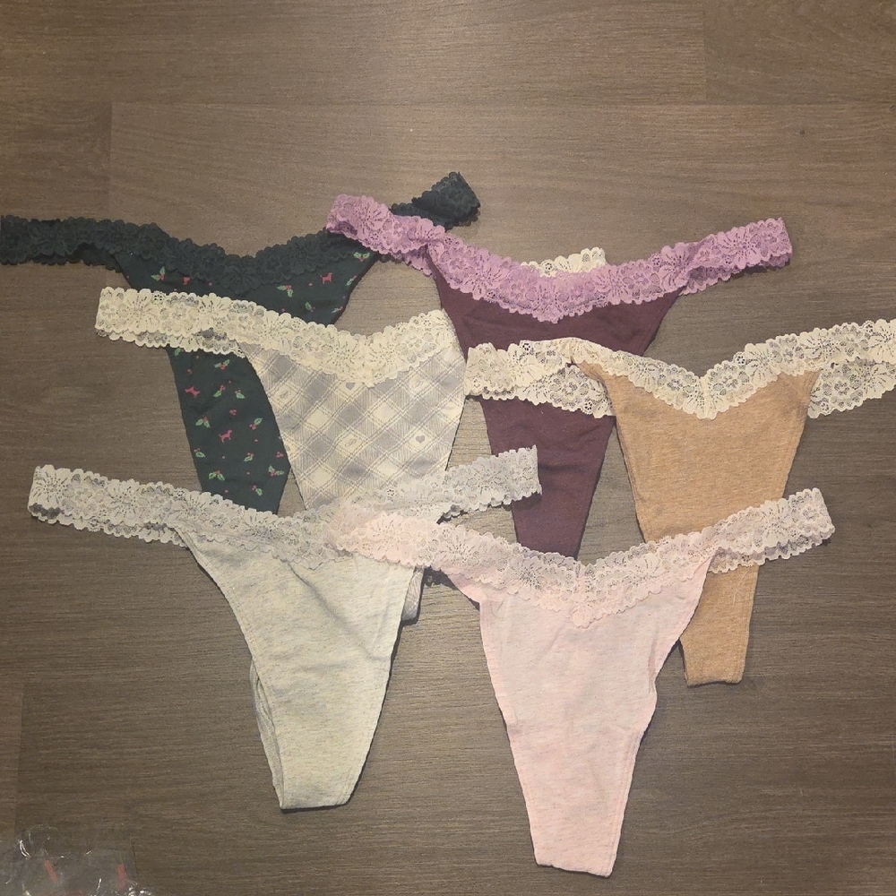 6 Pairs PINK Cotton Lace-Trim Thong Panty